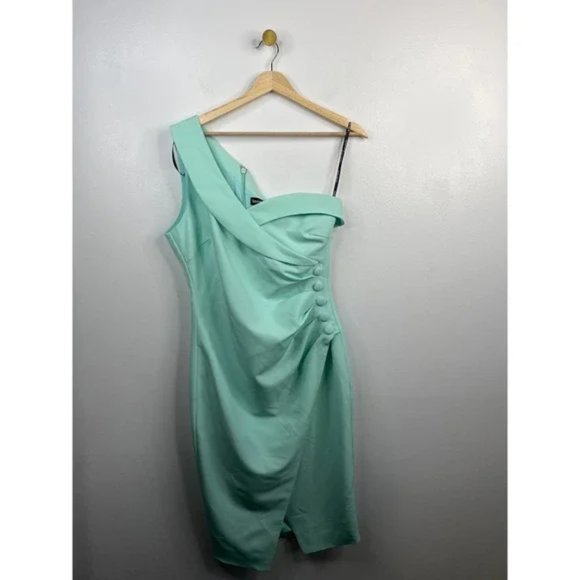 Lavish Alice One Shoulder Button Wrap Silhouette Dress Mint Green Size: 8 NWOT - Picture 2 of 9